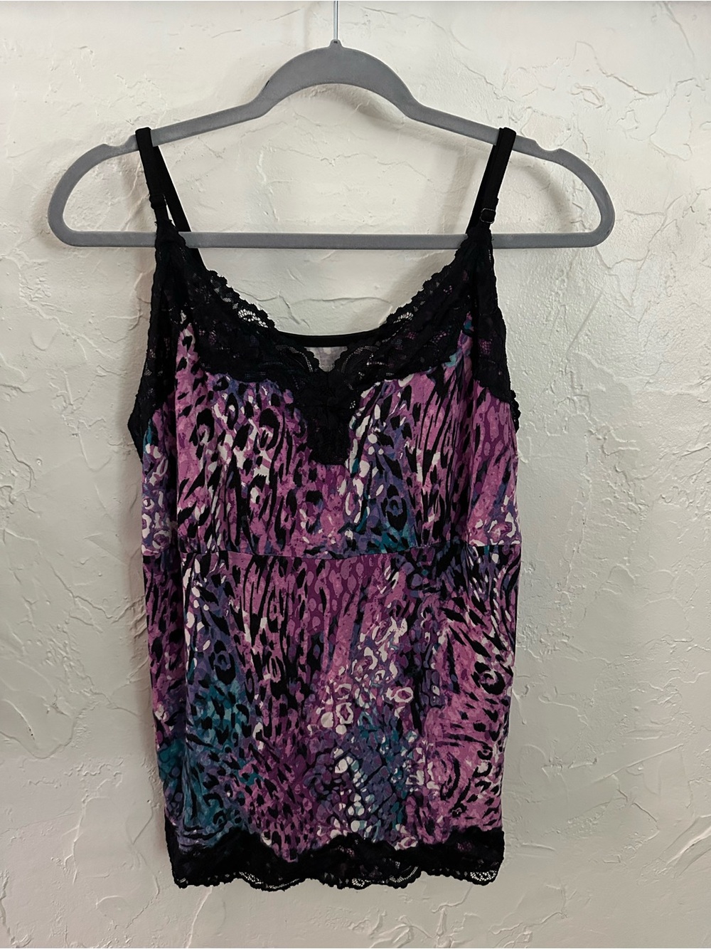 Lane Bryant Purple Teal Animal Print Lace-Trim Camisole